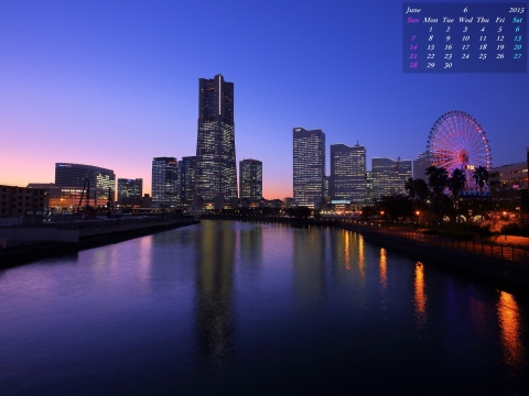 横浜みなとみらい夕景　　2015年6月　無料壁紙カレンダー